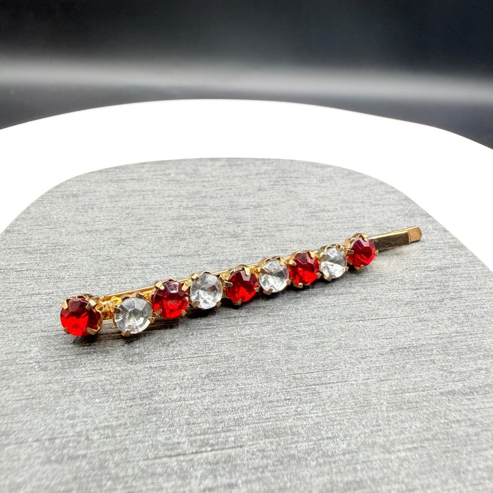 Gold Tone Red Clear Rhinestone Hair Barrette Clip Prong Set Bridal Accessory